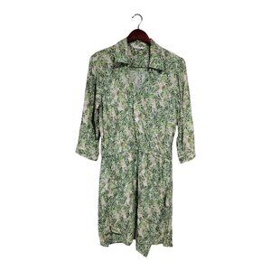 CAbi Womens Green Floral Leaf Print Shirt Dress Faux Wrap V-Neck 3/4 Sleeve Sz S